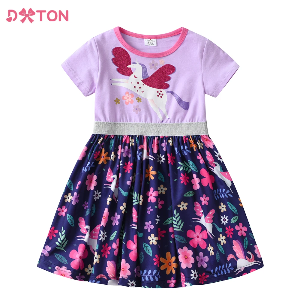 DXTON Girls Cotton Dress for Summer Kids Flower Print Patchwork Short Sleeve Dresses Girls Licorne Vestidos Children Costumes