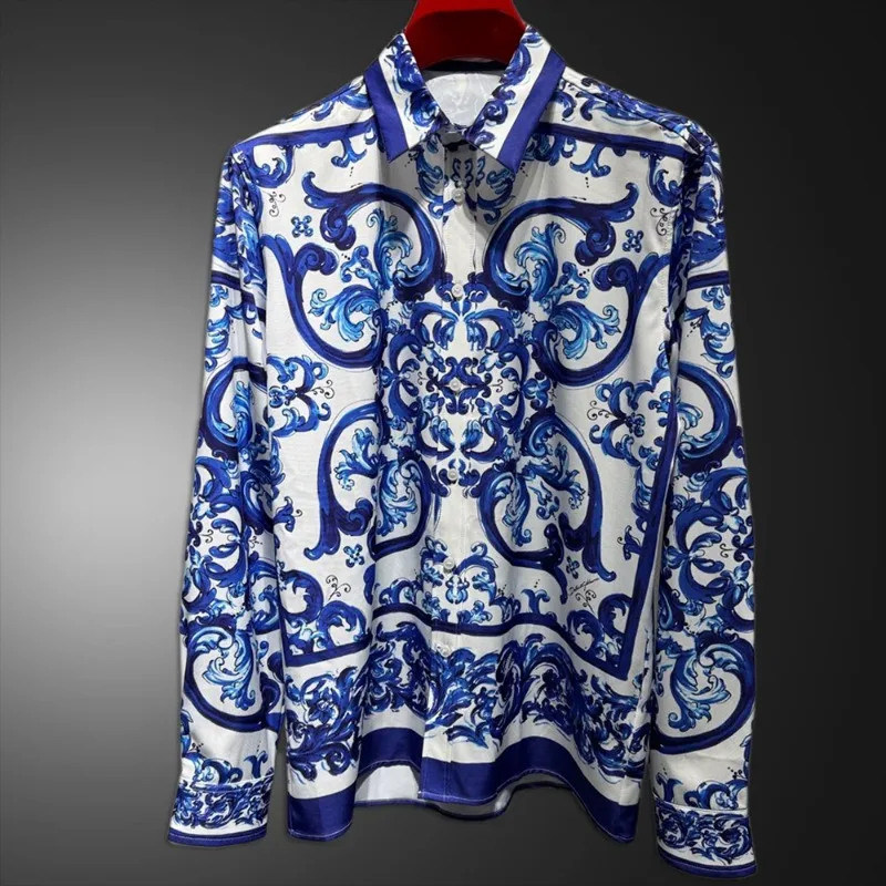 

Одежда, мужская одежда, рубашка с длинными рукавами, приталенная рубашка для мужчин, модная уличная одежда, весенняя рубашка с принтом, повседневная мужская рубашкаstre