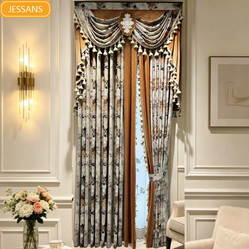 New American Gold Stamping Printing Velvet Splicing Blackout Curtains for Living Room Bedroom French Window Customized Valance