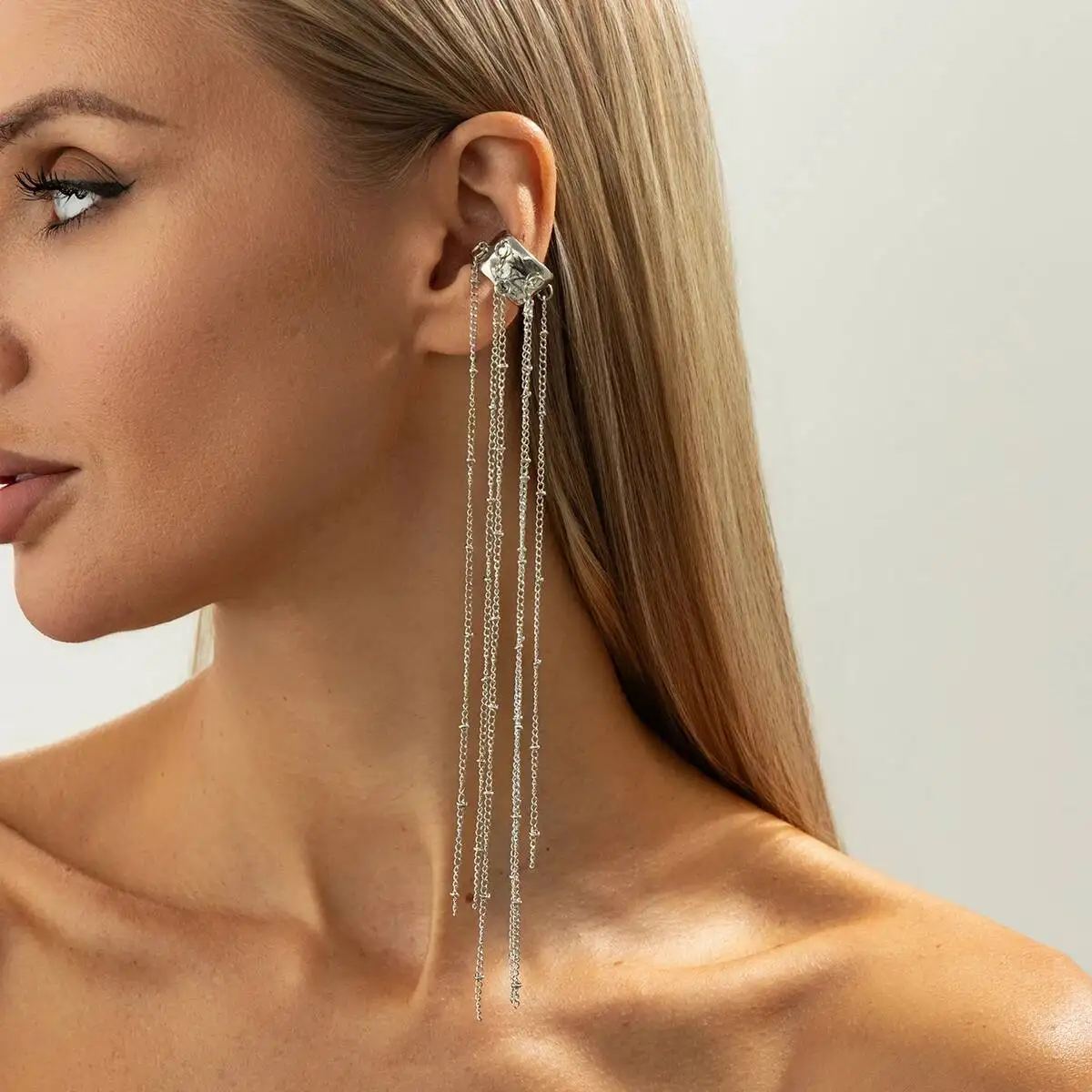 SHIXIN Unique Long Tassel No Piercing Ear Clip Earrings for Women New Gothic Silver Color C-shaped Ear Cuff Fashion Jewelry Gift