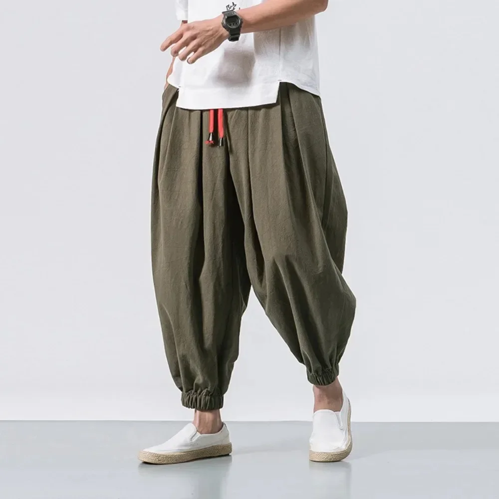 New Trendy Men Harem Pants Loose Oversized Style Cotton and Linen High Quality Jogger Sweatpants Casual Male Trousers