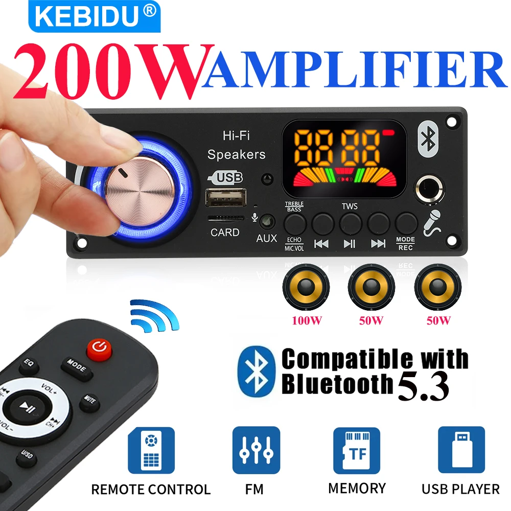KEBIDU 200W Verstärker Bluetooth 5.3 MP3 WAV Decoder Board DIY Home MP3 Player DC 12V Kabelloser Auto-Musikplayer mit Mikrofon Radio TF