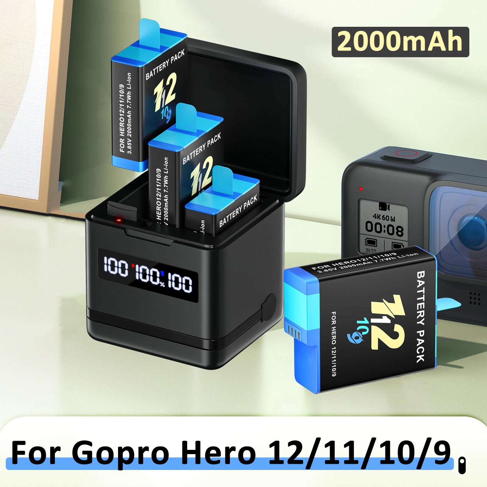 Akumulator 2000mAh do GoPro Hero 12, pakiet akumulatorów do kamery sportowej + ładowarka 3-gniazdowa z wyświetlaczem LCD do GoPro Hero 9 10 11