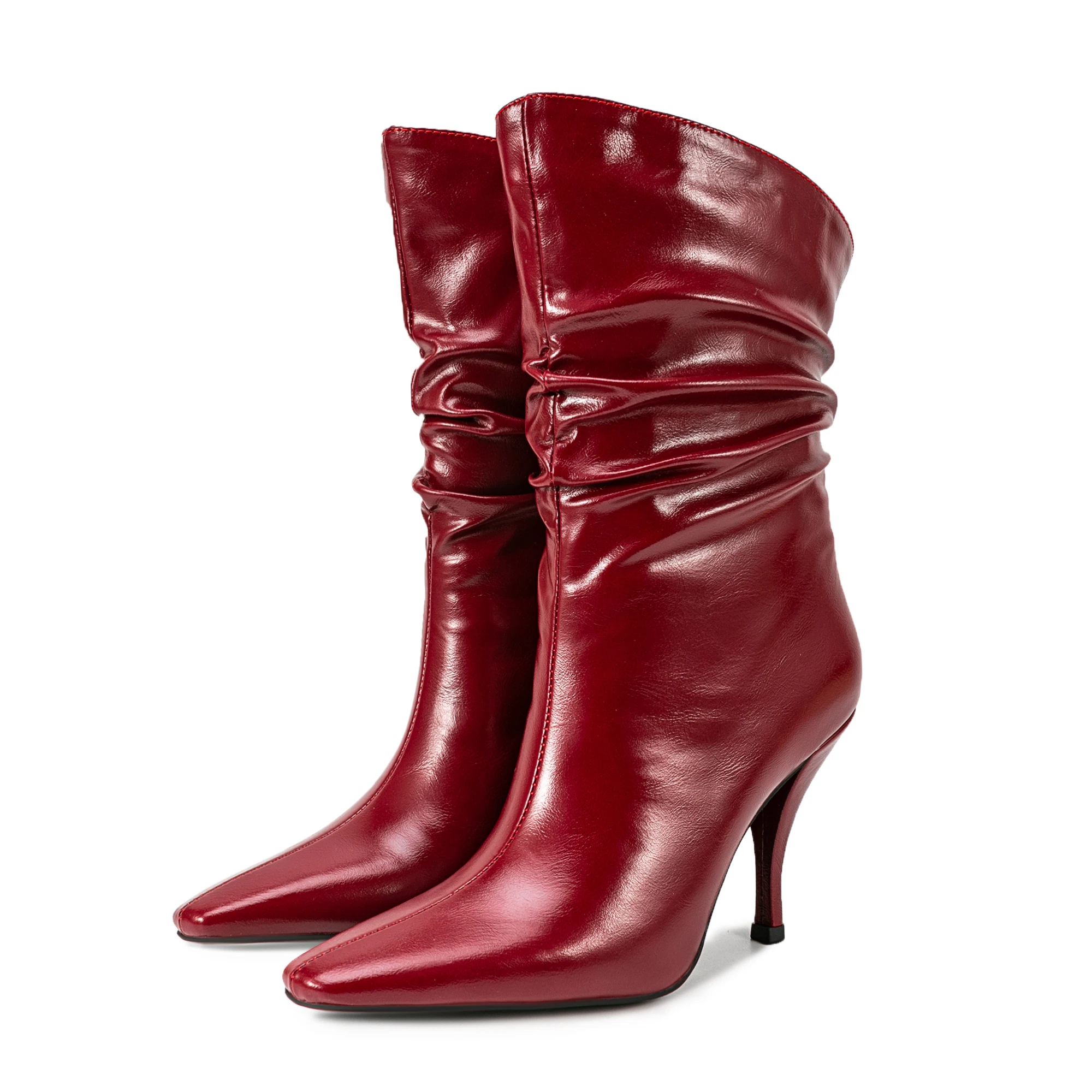 

Осенние новые модные плиссированные ботинки на высоком каблуке 6 см на тонком каблуке, красные женские ботинки из лакированной кожи, женская обувь большого размера