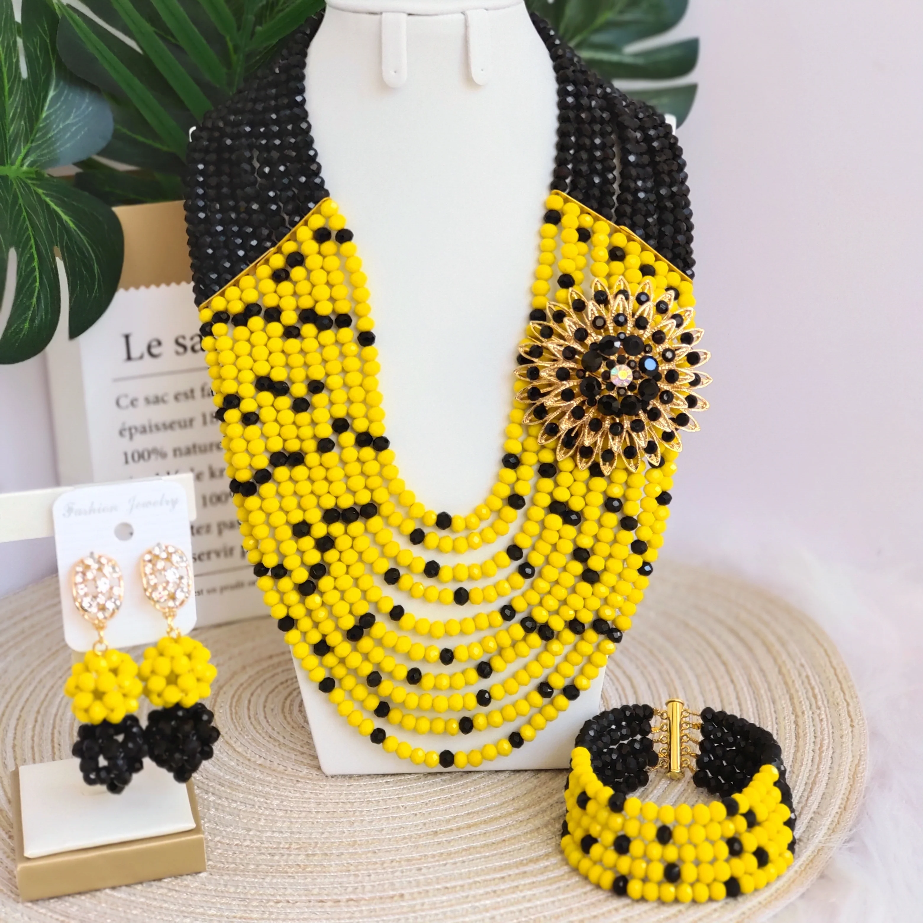 

Black and Opaque Yellow African Beads Jewelry Set Crystal