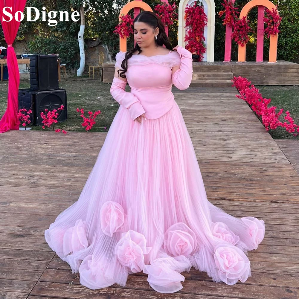 SoDigne Elegant Pink Evening Dresses A-Line Off Shoulder Pleated 3D Flowers Party Dress Formal Prom Gowns Plus Size Customized