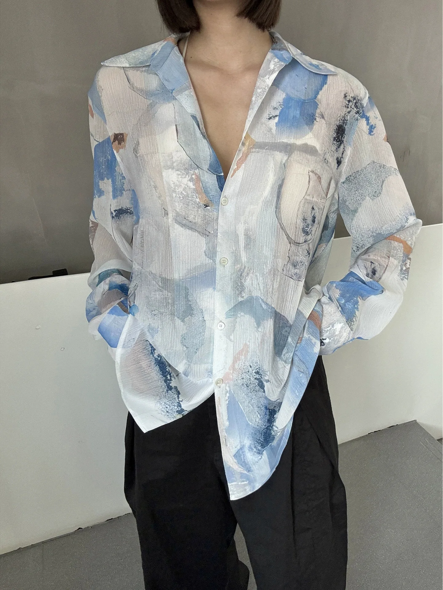 Loose Long Sve mujer irt artístico Aosphere estampado de marca de agua transparente Quali Spring East Gate Sle Casual irt