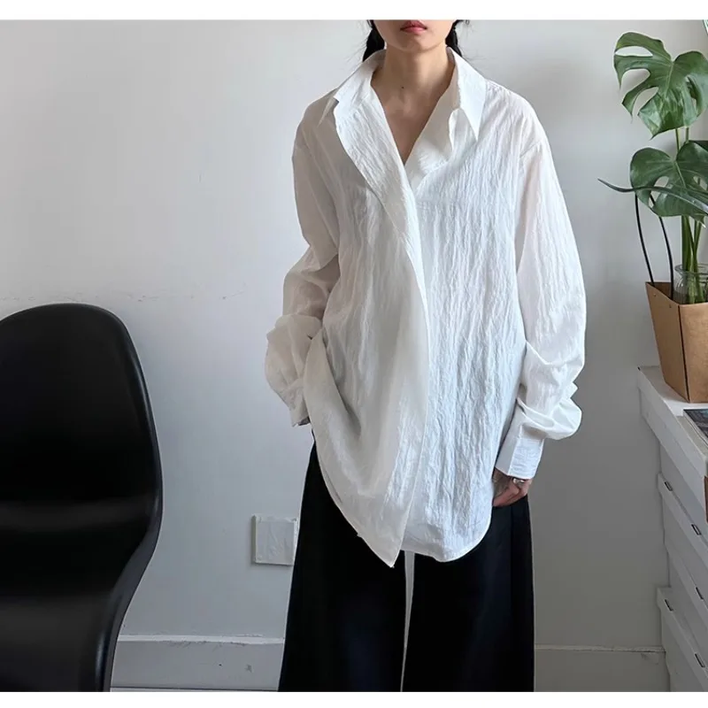 

SuperAen корейский стиль с отложным воротником и складками тонкая рубашка для женщин свободная повседневная асимметричная модная новая весенняя рубашка