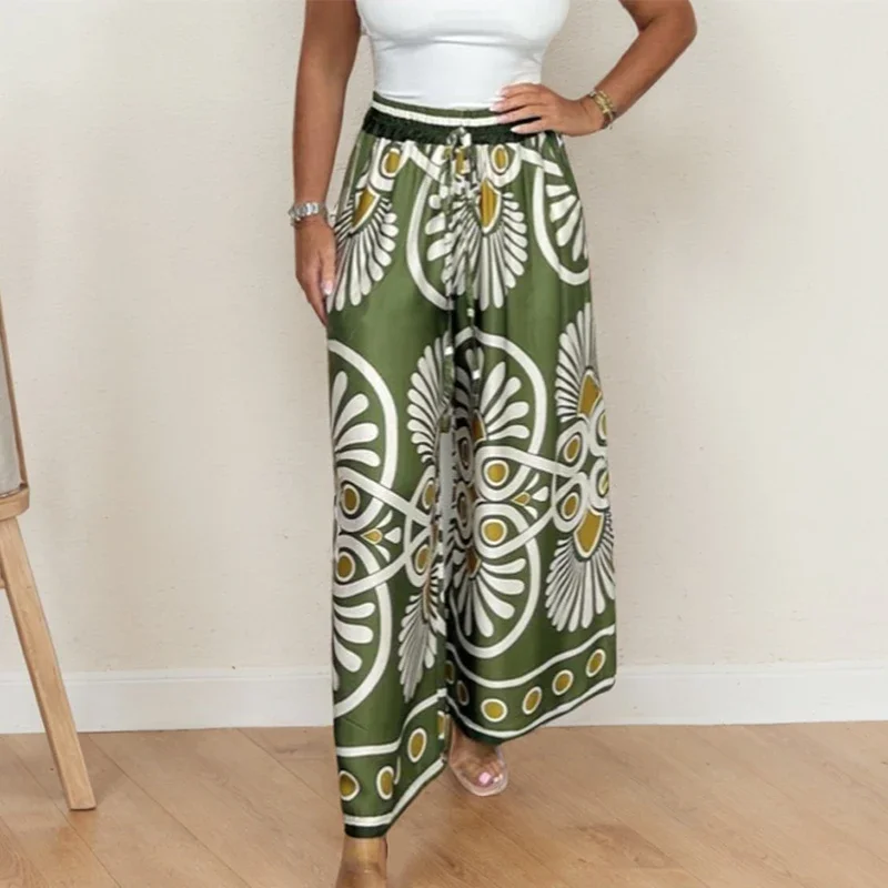

Casual Beach Holiday Trousers High Street Plus Size Print Contrast Color Elastic Waist Adjustable Lace-up Women's Wide Leg Pant