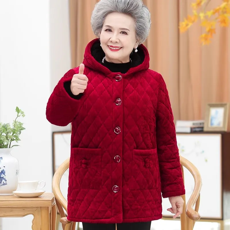 Middle-aged Elderly Women\'s Corduroy Cotton Padded Jacket 5XL Large Size Thicken Hooded Parkas Grandma Add Velvet Warm Overcoat