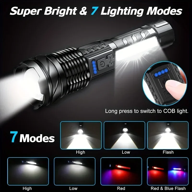 XPHP50 LED Tactical Powerful Flashlight Zoomable Waterproof COB Side Light Camping Torch 7 Modes USB Rechargeable Flash Lights