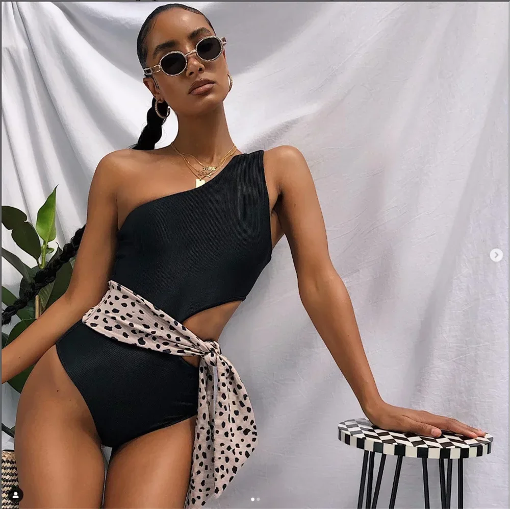One-shoulder Swimsuit One Piece Swimsuit Print Halter Push Up Monokini Bathing Suit Bodysuit Beach Wear Female