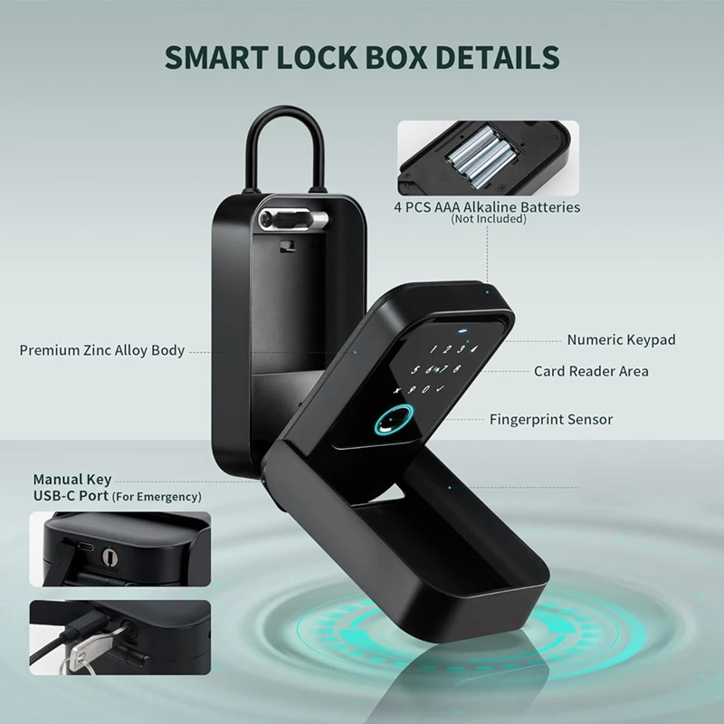 WFF Smartlock Box para chave de casa com 5 métodos de desbloqueio de impressão digital, controle de aplicativo, cartão de acesso, senha, adequado para escritório