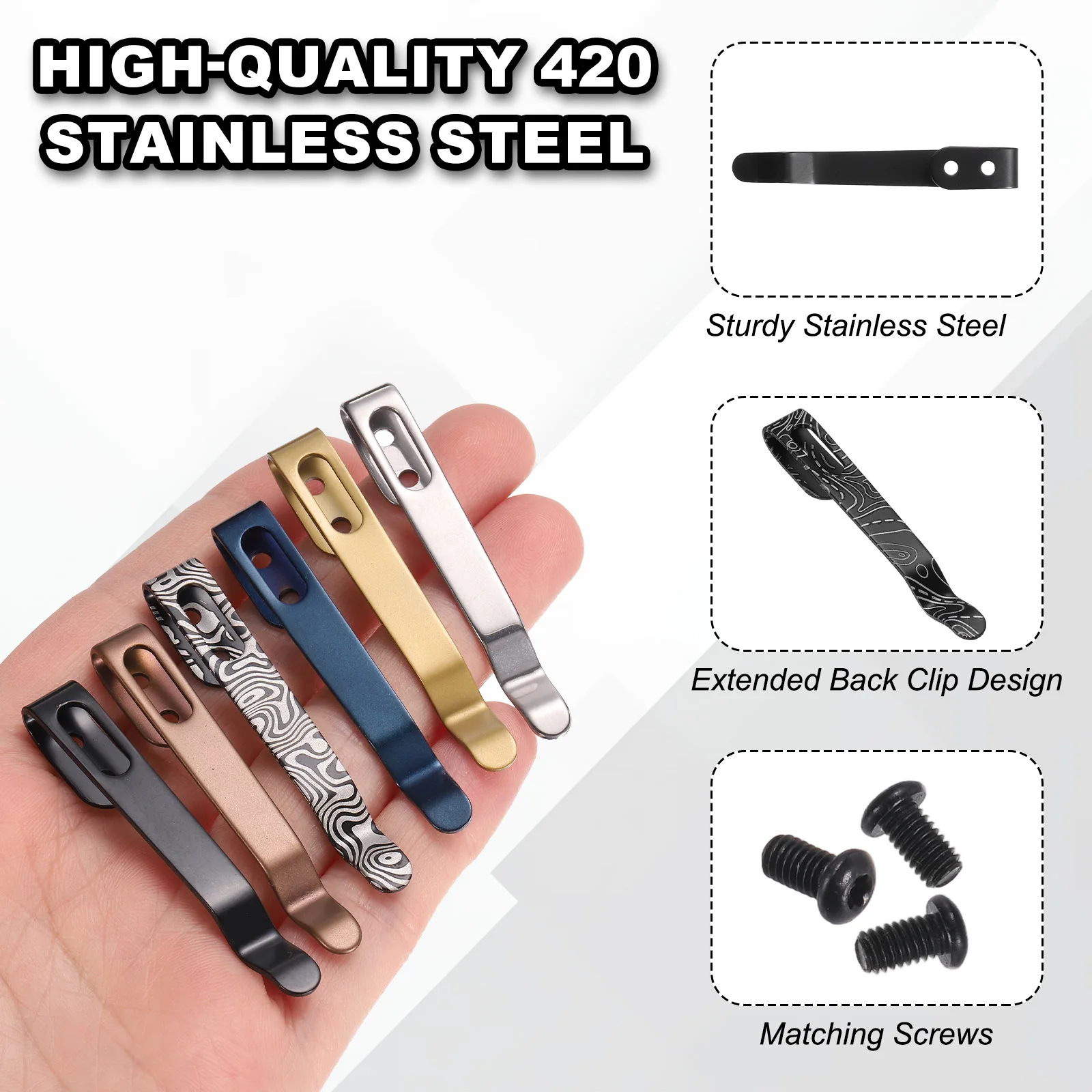 1/2Set 2/2.4 Inch Deep Carry Pocket Clip Length Universal Folding Knife Pocket Back Clip w/ Screws Man Knife Replacement Parts