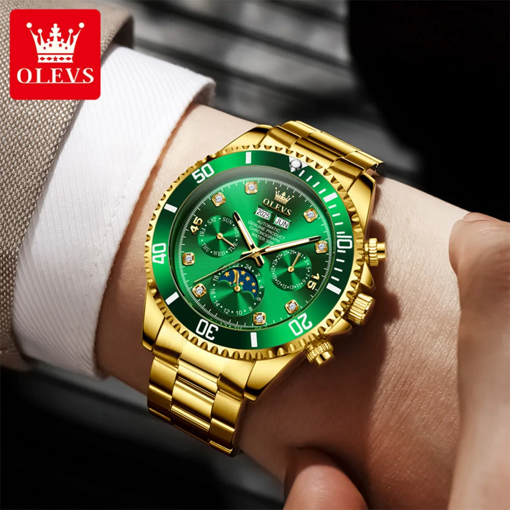 OLEVS 6729 Original Luxury Automatic Mechanical Men's Watch Dual Calendar Display Moon Phase Waterproof Wrist Watch for Men