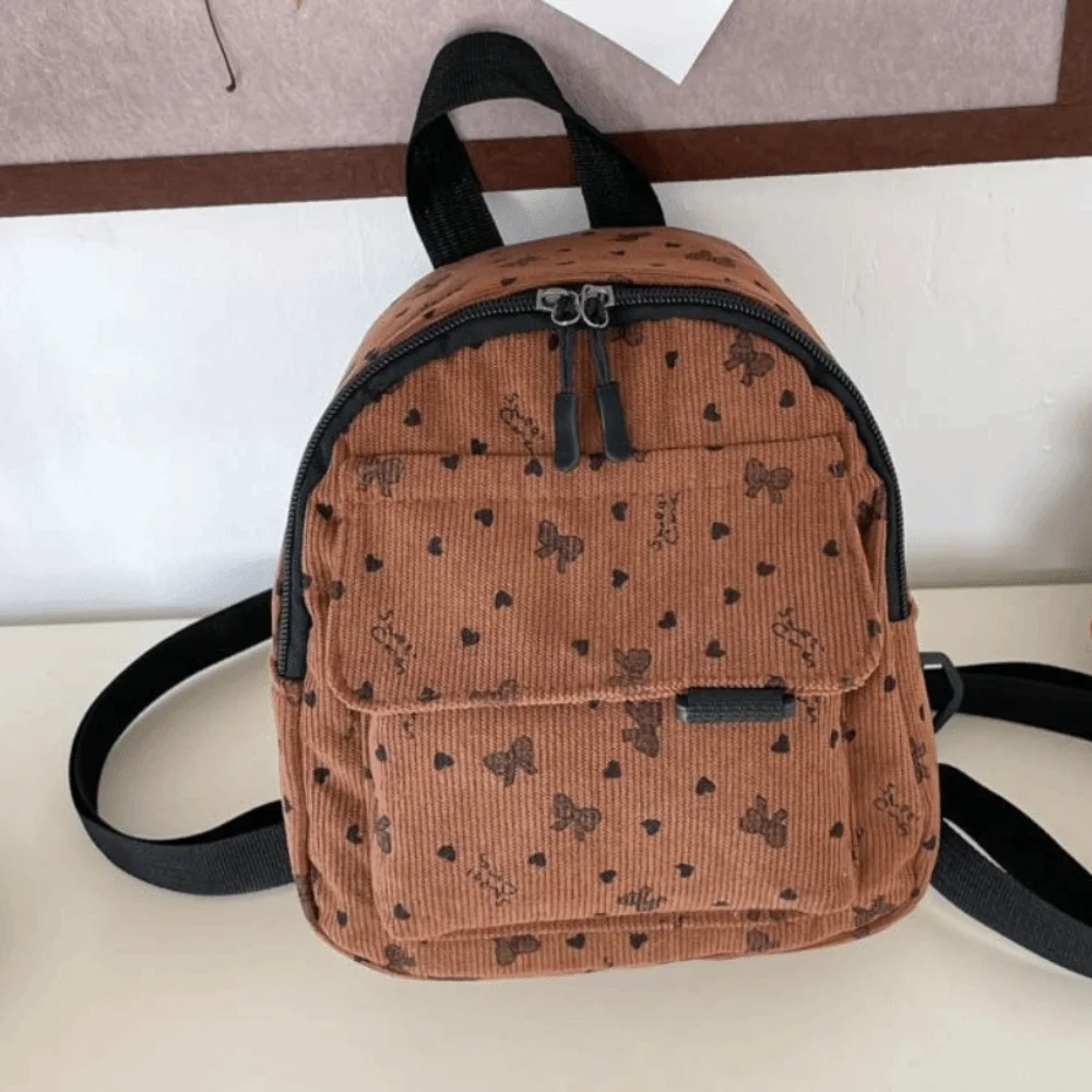 Sweet Corduroy Mini Backpack Lightweight Heart Bow Print Shoulder Bag Multi-compartment Zippered Opening Rucksack Daily