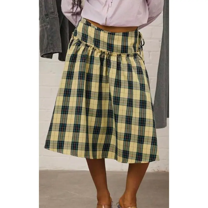 

Women Belted Bow Tied Low Waist Ruffled Decor Vintage Retro Y2k Plaid Print Versatile Loose Flowy A-line Midi Skirts
