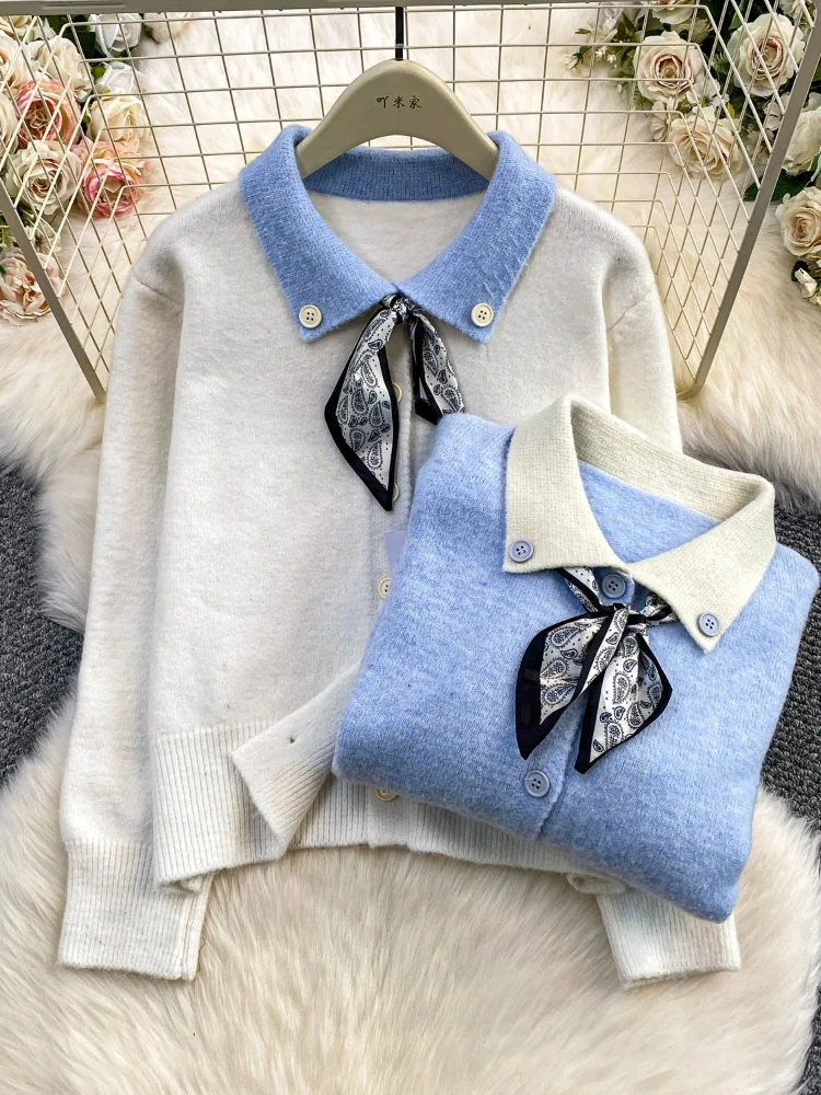 

Light mature style commuting contrasting color lace-up lapel knit sweater women in winter sweet single breasted top