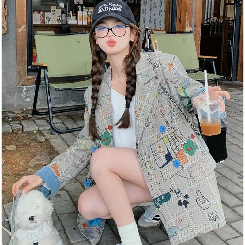 معطف مطبوع عليه بدلة جرافيتي مربعة الشكل، بدلة جديدة فضفاضة على الطراز الكوري متوسطة الطول، عصرية وفردية #5