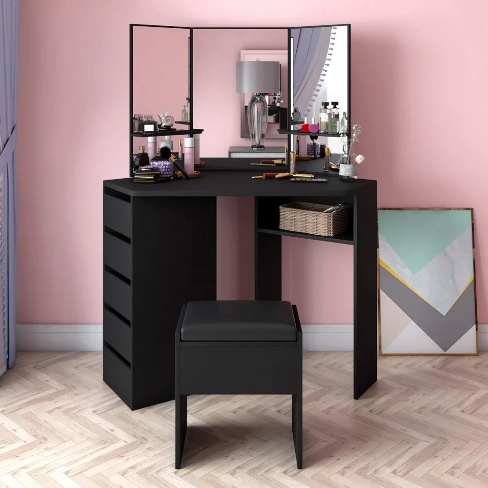 coiffeuse, table de maquillage d'angle en mdf avec 3 miroirs, 5 tiroirs, 1 assortis et tabouret pour chambre à coucher, 109cm (l) x 55cm (l) x 140