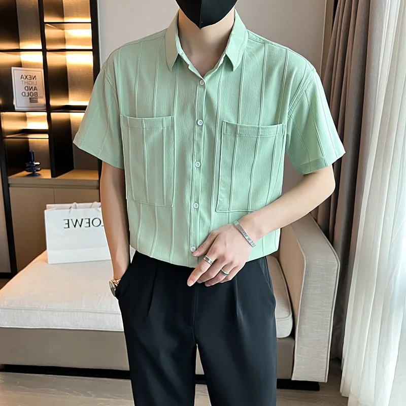 

Men's Stylish Short Sleeve Shirt Draped Thin Middle Sleeve Striped Casual Summer New Fashion Loose Fit Youth Popular Pure Color