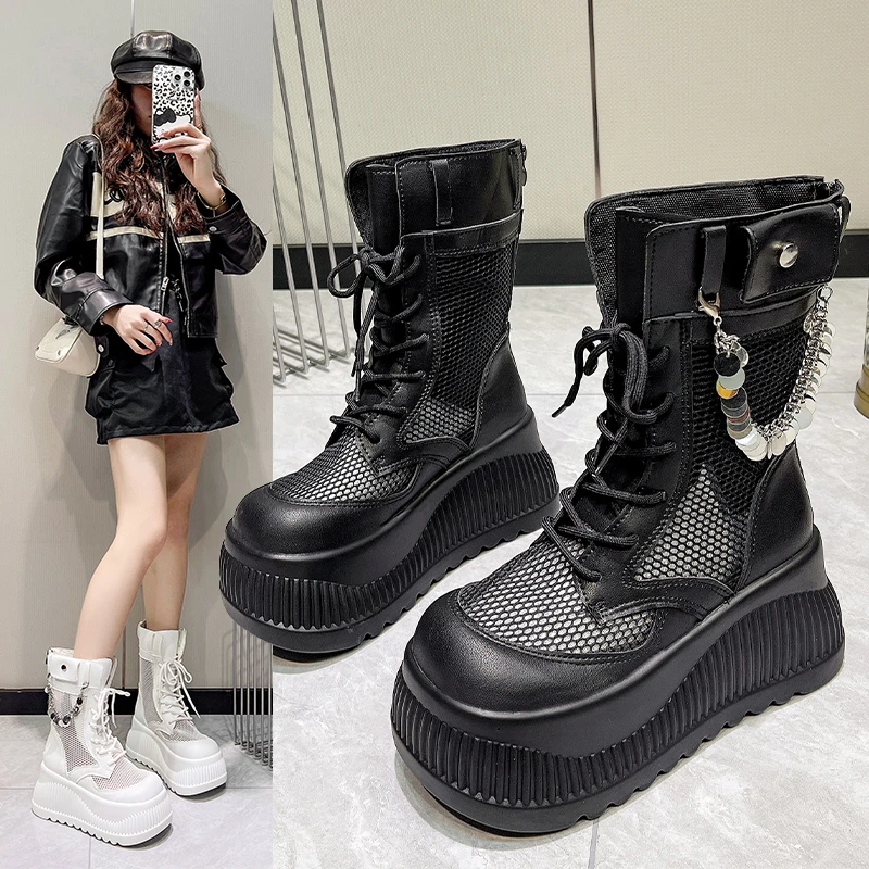 Thick-soled Women 2026 Summer New Elevated Sandals Thin Platform Mesh Hollow Breathable Short Boots