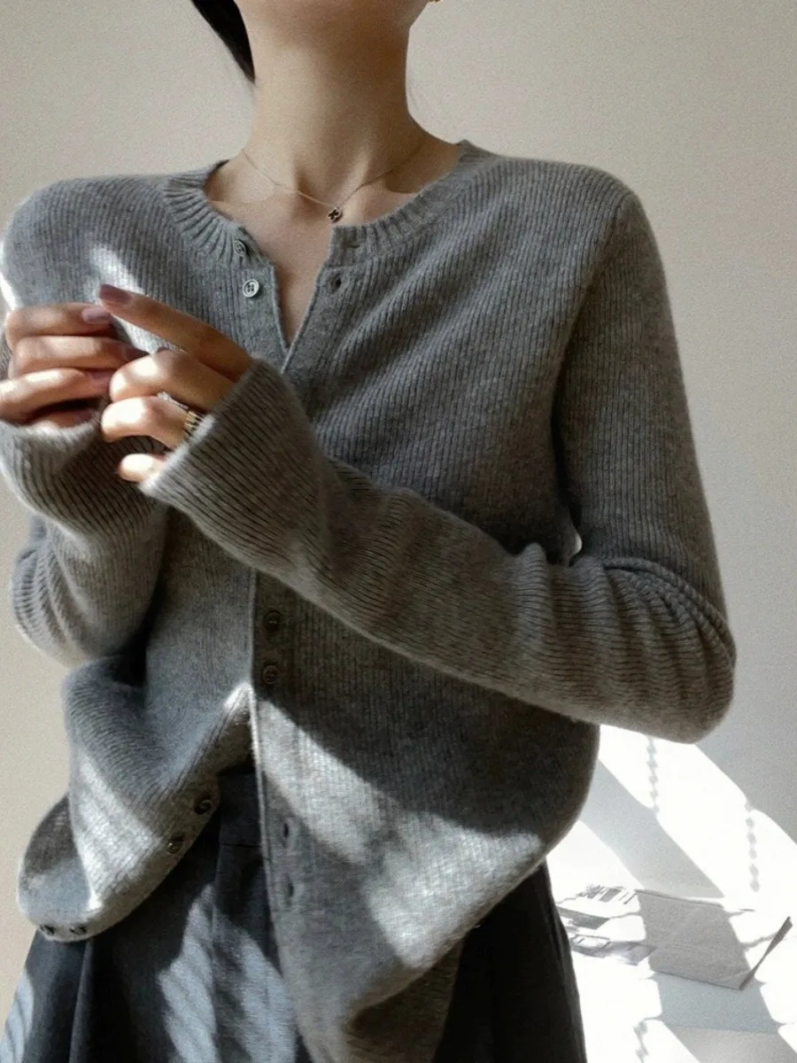 Grey 100% pure wool crewneck cardigan women\'s cashmere knit all-in-one long-sleeved sweater autumn coat