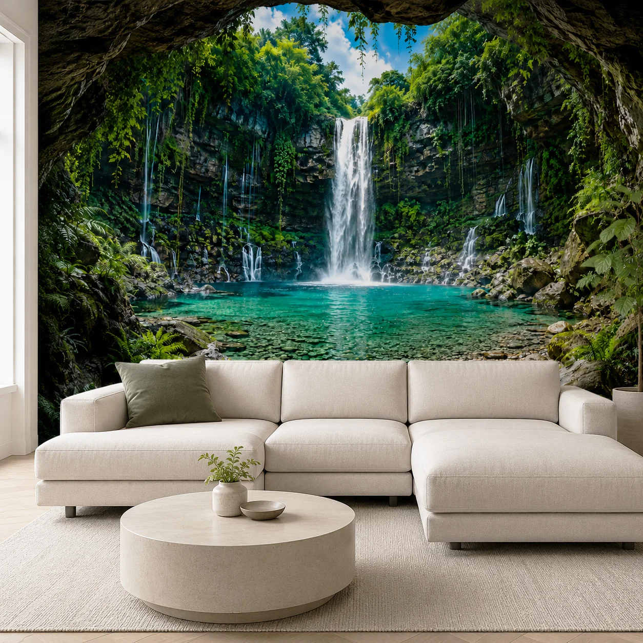 3D Waterfall Cave Wall Mural Wallpaper Tropical Forest Landscape Living Room Bedroom Decor Non Self Adhesive