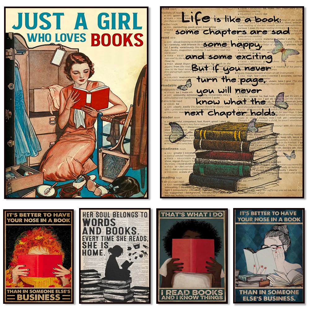 Life is like a book poster, her soul belongs to words and books, love reading posters, girls love books, retro wall art gifts