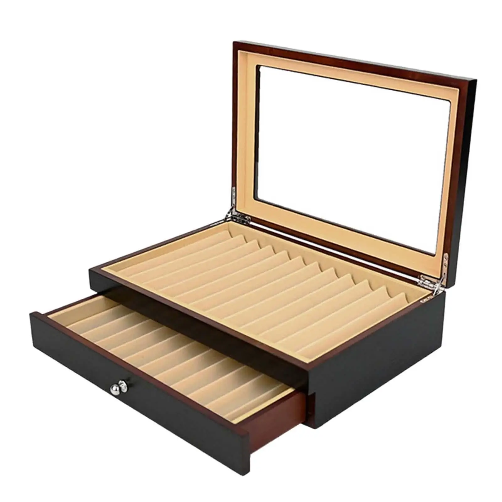 Wood Pen Storage Box 23 Slot Display Case with Transparent Glass Lid Double Layer Drawer for Fountain Pen Gift