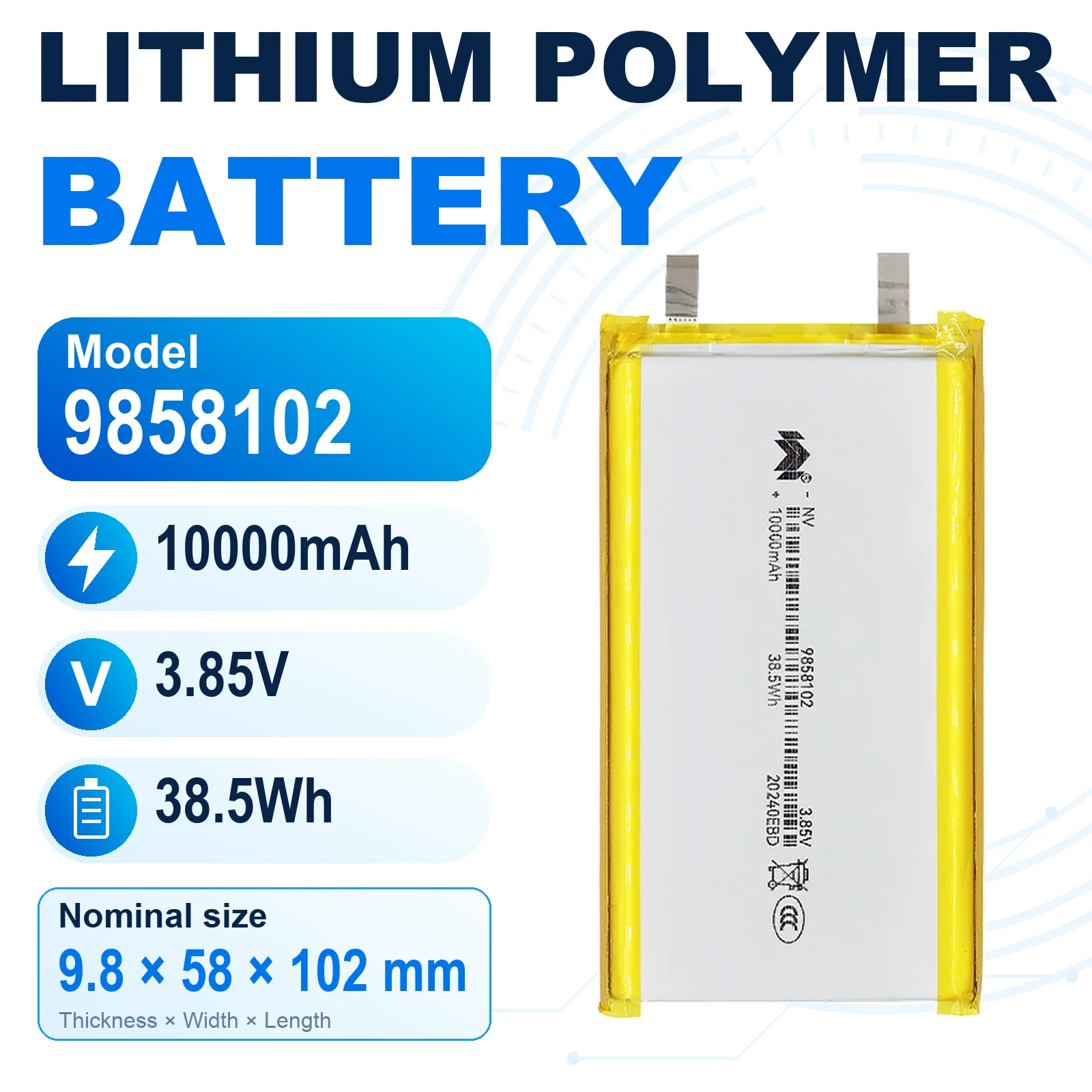 9858102 3.85V 10000mAh Rechargeable LiPo Battery 9.8x58x102mm Lithium Polymer Pouch Cell with Flat Metal Tabs