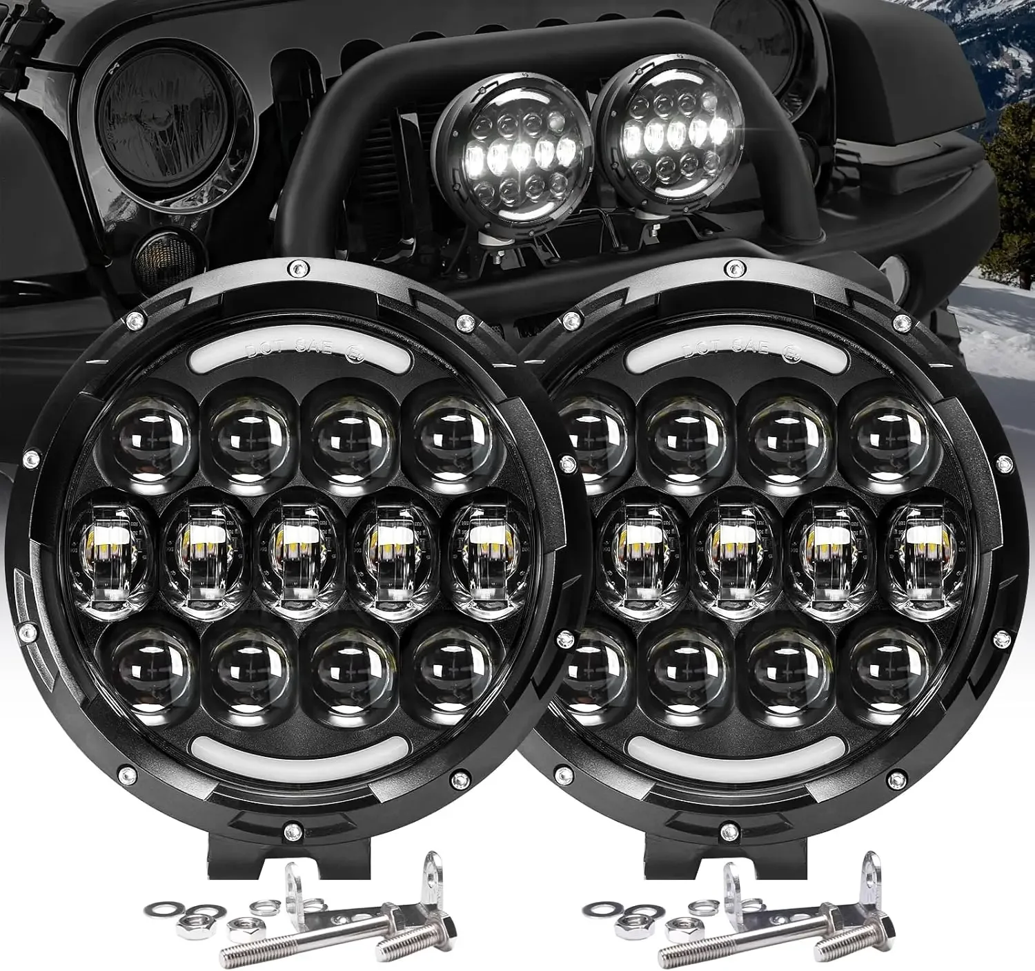 7 Inch 105W Round Spot LED Pods Light Bar High/Low Beam DRL with Adjustable Mounting Bracket Compatible with Jeep Off Road 4WD T