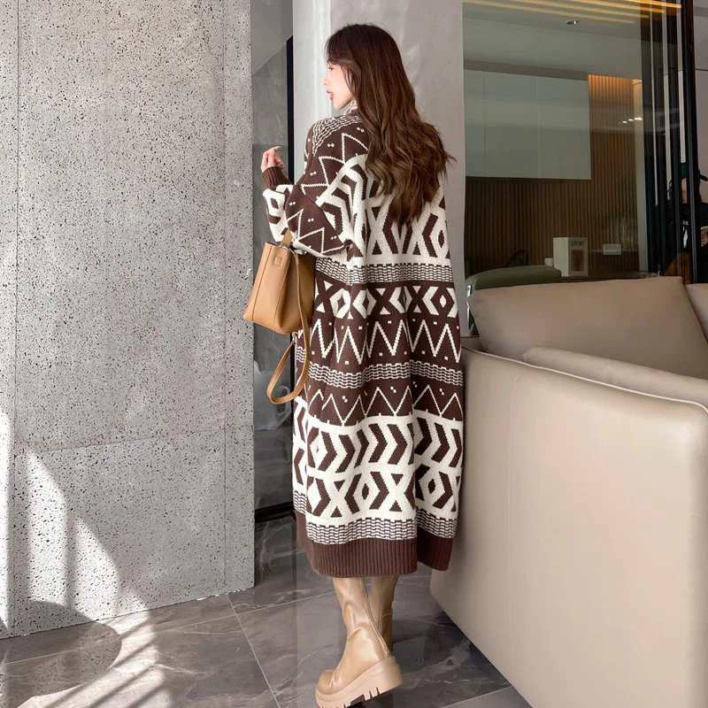 2023 Autumn/Winter New Korean Edition Sweater Coat Cardigan Over Knee Loose and Slim Retro Office Lady Comfortable Long Knit