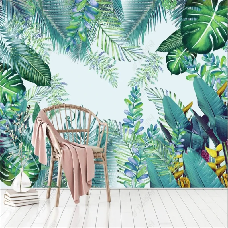 Fresh and Green Hand-painted Wall Paper Tropical Forest Plant Wallpapers for Living Room Decoration Background Mural