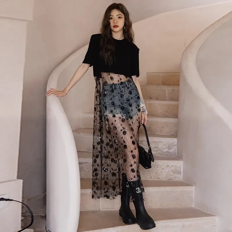 Verão 2025 nova moda vestido feminino paillette gaze bordado unido juntos preto gola redonda camiseta outerwear feminino