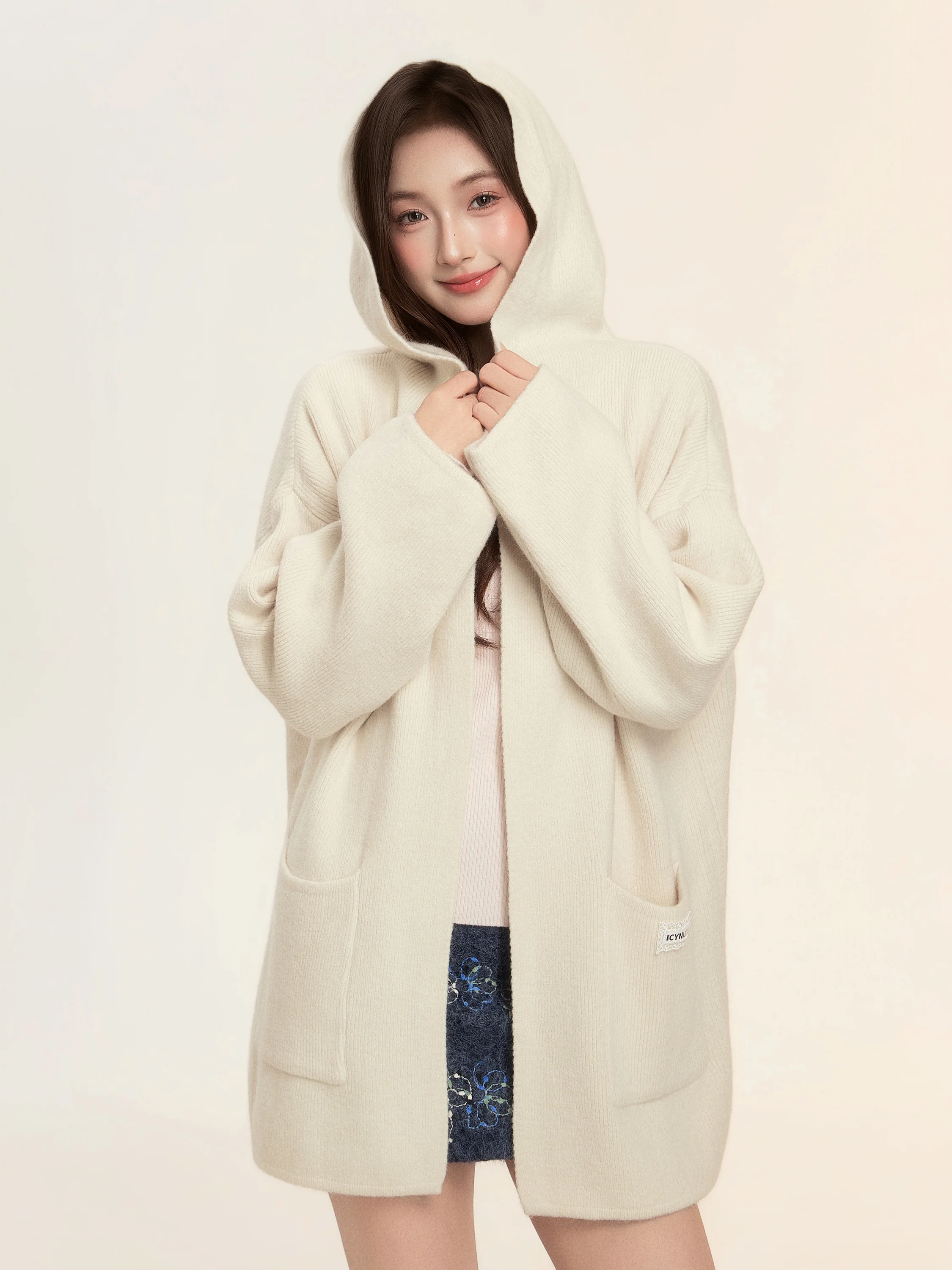 

IcyNude Store Women's Khaki Hooded Knitted Open Cardigan with ket Loose Versatile Korean Sle Casual Top for Autumn Winter