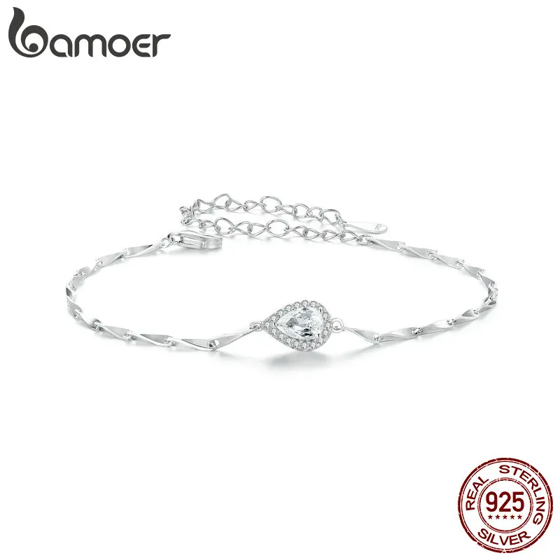 BAMOER 925 Sterling Silver Sparkling Droplet Bracelet luxury Adjustable Chain Link Gold Plated for Women Valentine's Day Gift