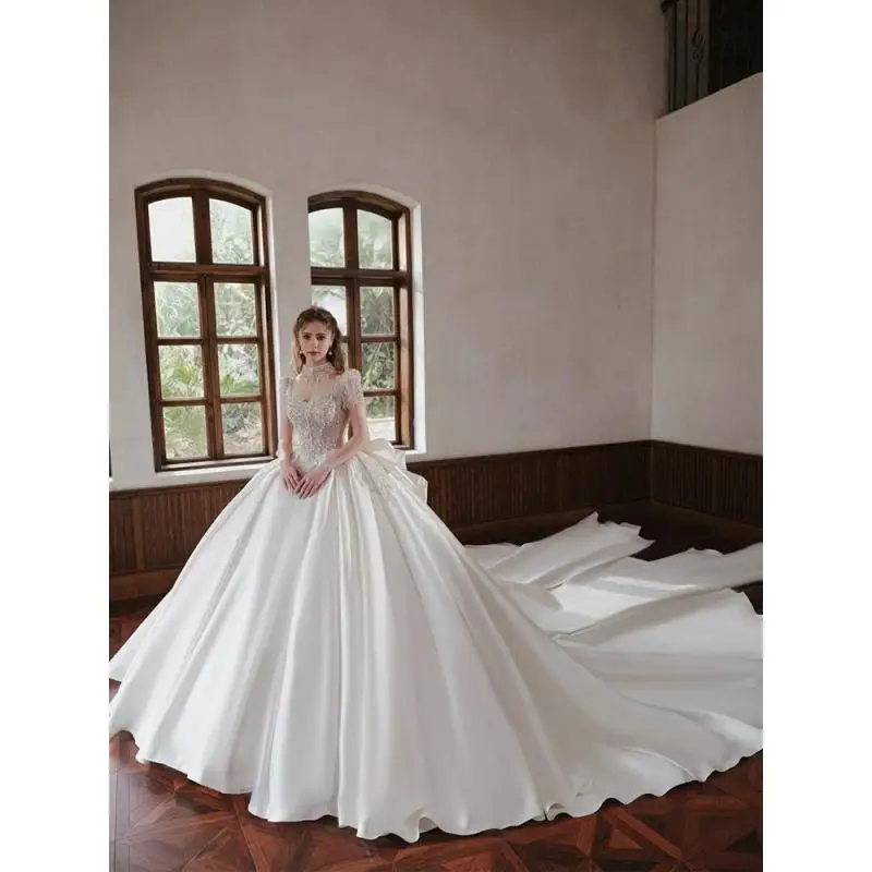 Satin Main Wedding Dress Bride Embroidery One Shoulder And Half Sleeves Outdoor Yarn Retro Heavy Industry Tail Customized