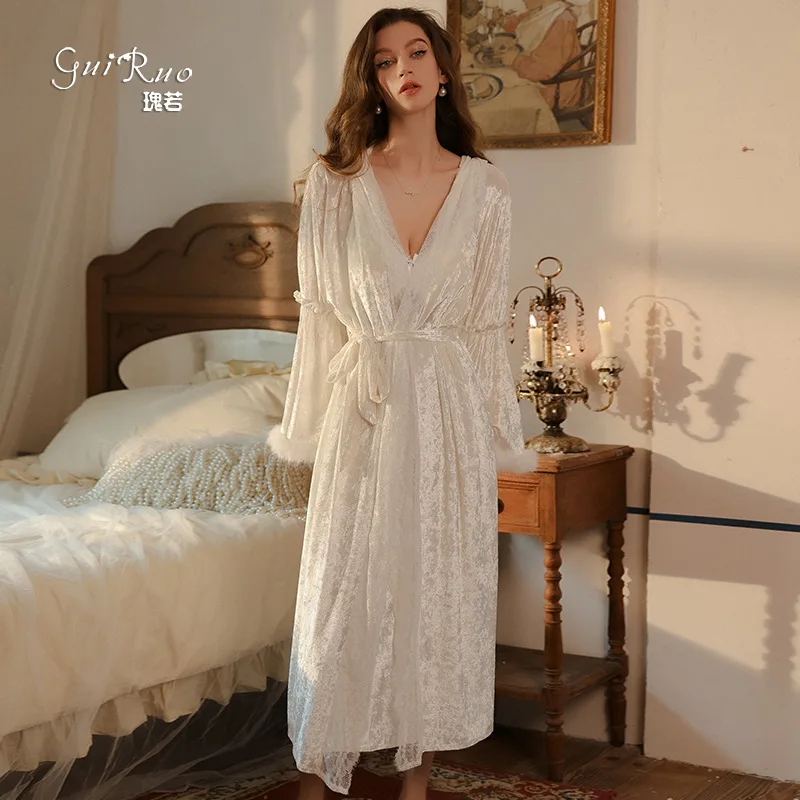 Ensemble de Chemise de nuit en velours, soutien-gorge intégré, Push Up, Chemise Sexy en V profond avec Robe, pyjama inspiré de la Lingerie thermique d'automne pour femmes