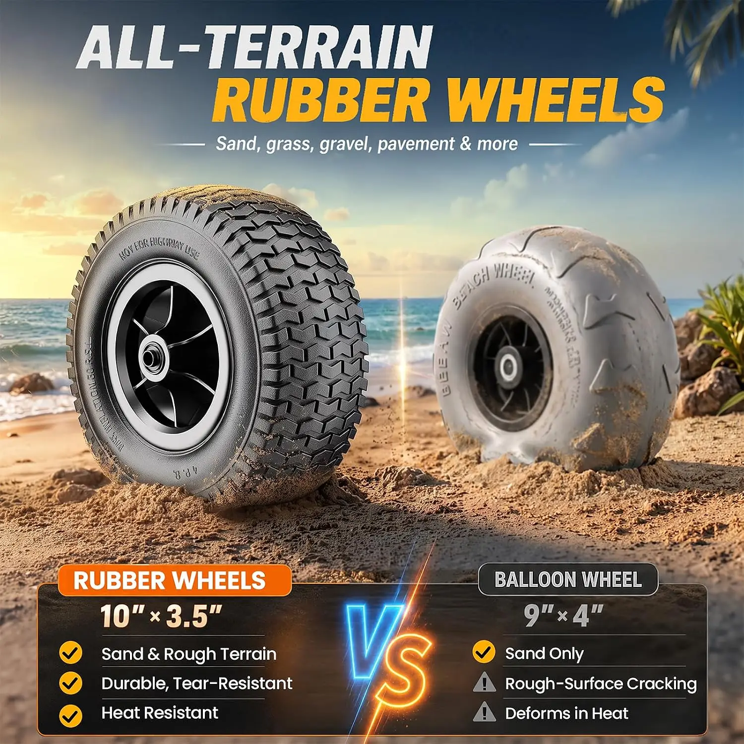 All Terrain Beach Wagon 10x35 Big Inflatable Rubber Wheels Sand 220L Collapsible Utility 400 lbs Heavy Duty Folding Cart 2 Cup H