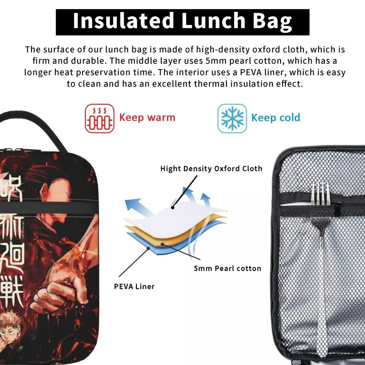 Jujutsu Kaisen Insulated Lunch Bag High Capacity Cool Anime Reusable Thermal Bag Lunch Box Tote Office Picnic Food Storage Bags