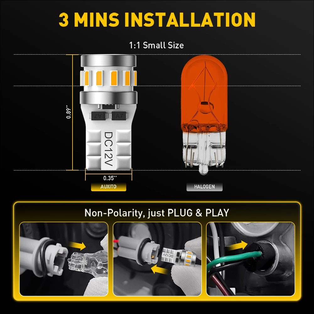 AUXITO 20/10/2Pcs T10 W5W LED Yellow Amber Canbus Anti Error Interior Night Light Parking Super Bright Lamp 194 168 Car Bulb 12V