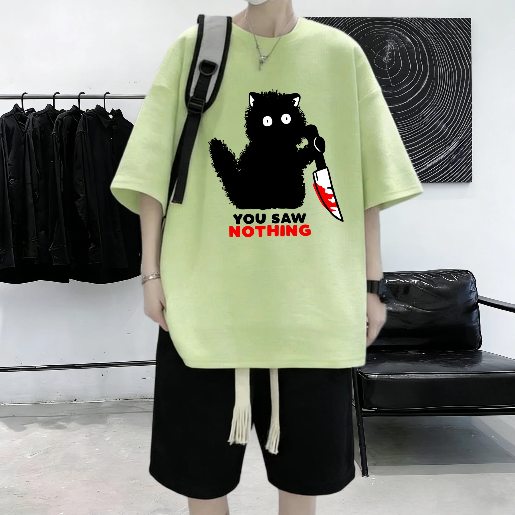 You Saw Nothing The Cat With A Knife Print Man Summer Loose Short Sleeve O-Neck Cotton T Shirts Trendy Unisex All-Match Clothes