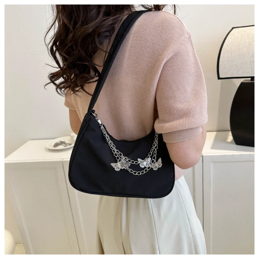 

Butterfly Chain Shoulder Bag for Women Zipper Solid Color Handbag Fashion Gentle Temperament Lightweight Girls Y2K Underarm Bag