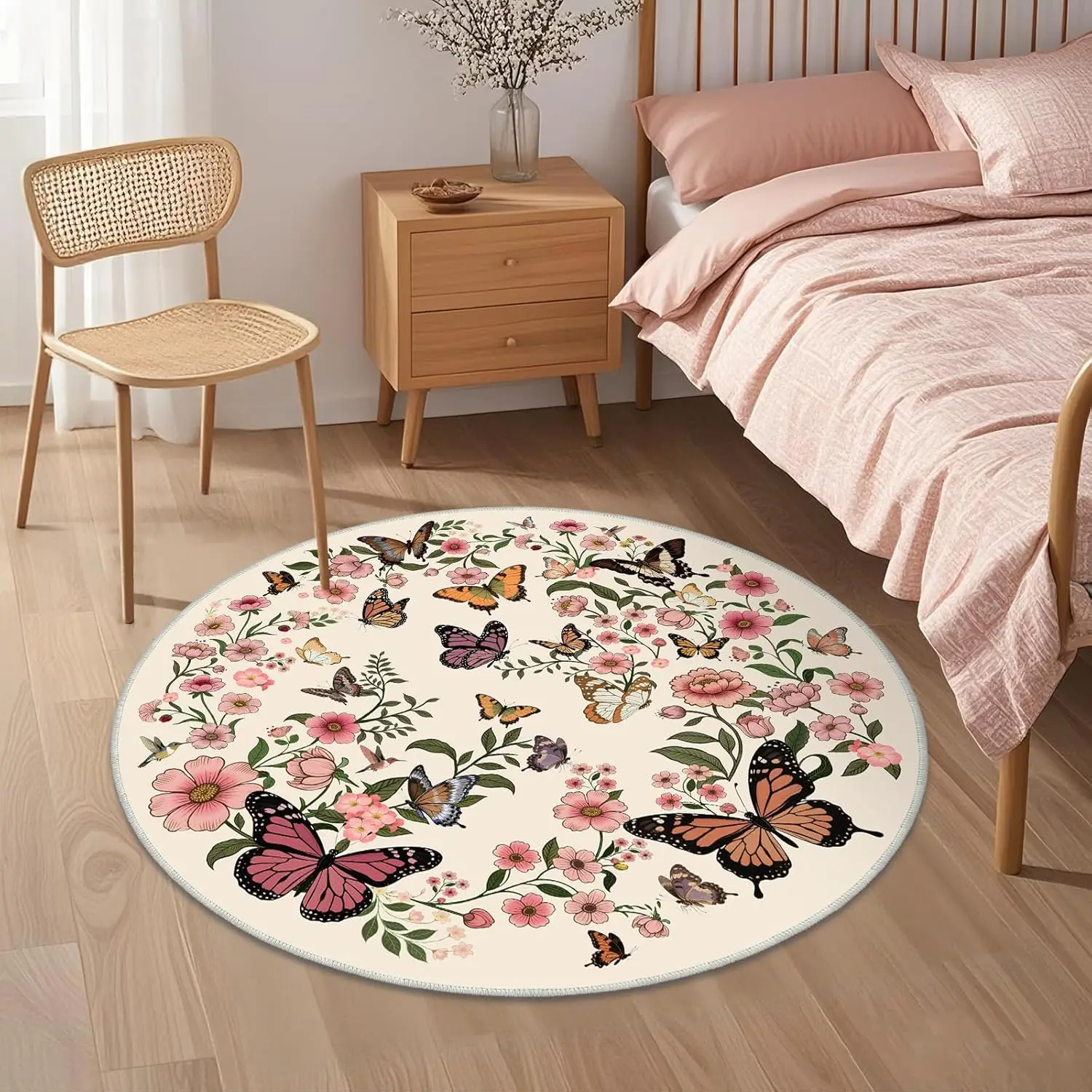 Floral Butterfly Round Rug – Soft Washable Accent Carpet for Bedroom & Living Room Decor