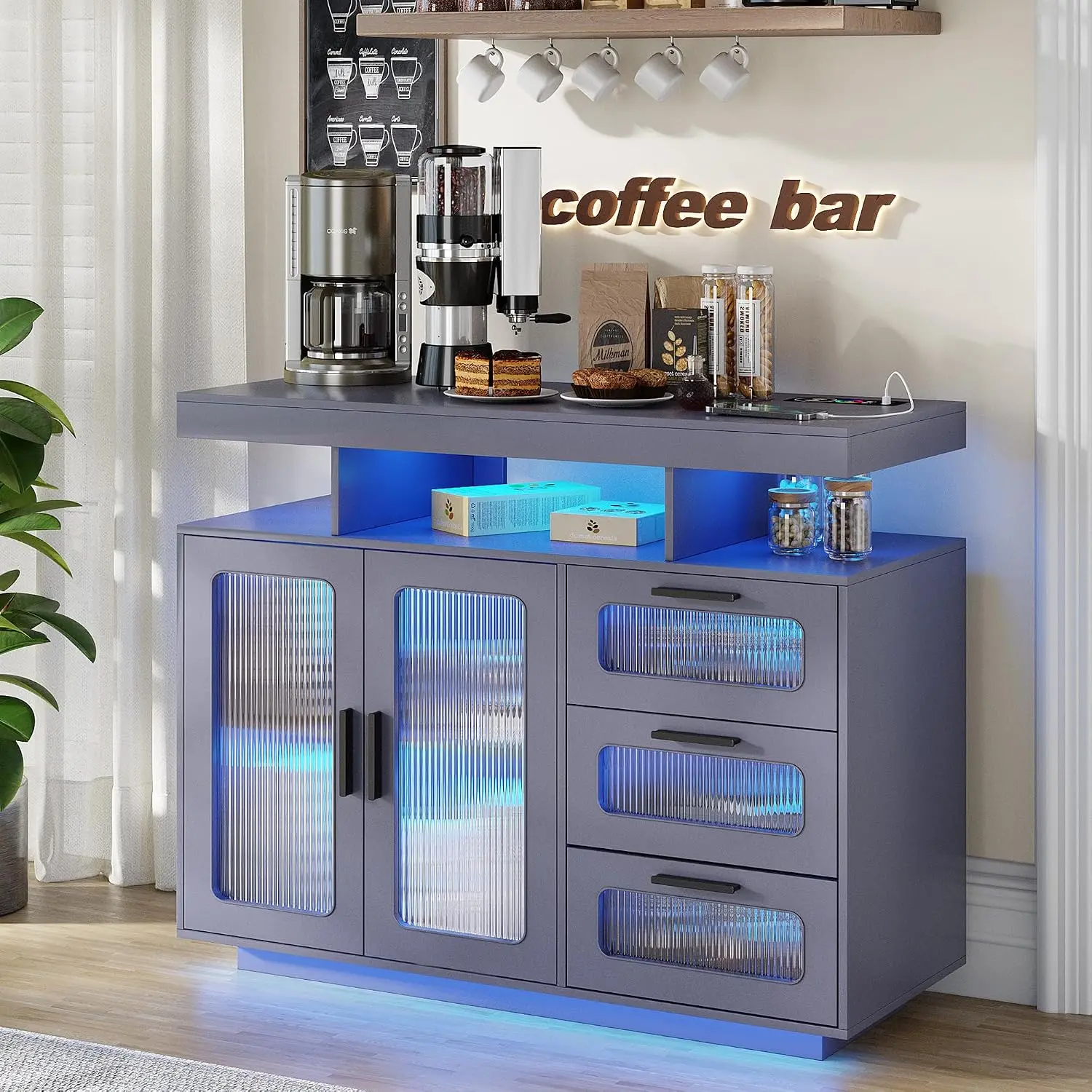 Coffee Bar Cabinet with Charging Station & RGB Lights, Home Kitchen Storage Organizer with Adjustable Shelves, Customized