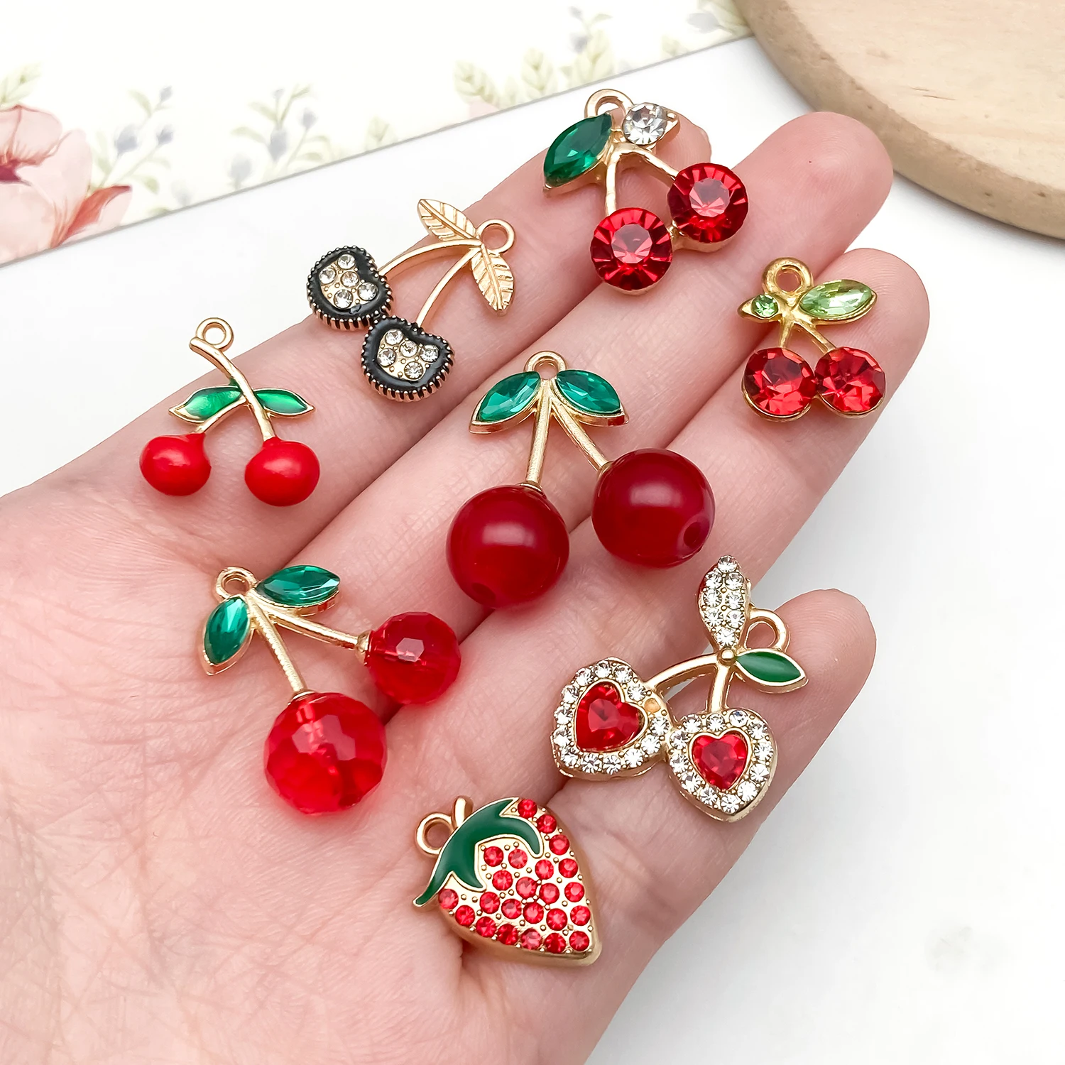 10/20//30pcs Sweet Cherry & Strawberry Alloy Pendants – Diamond-Accented Enamel Craft, Perfect for DIY Earrings, Bracelets, Neck view 2