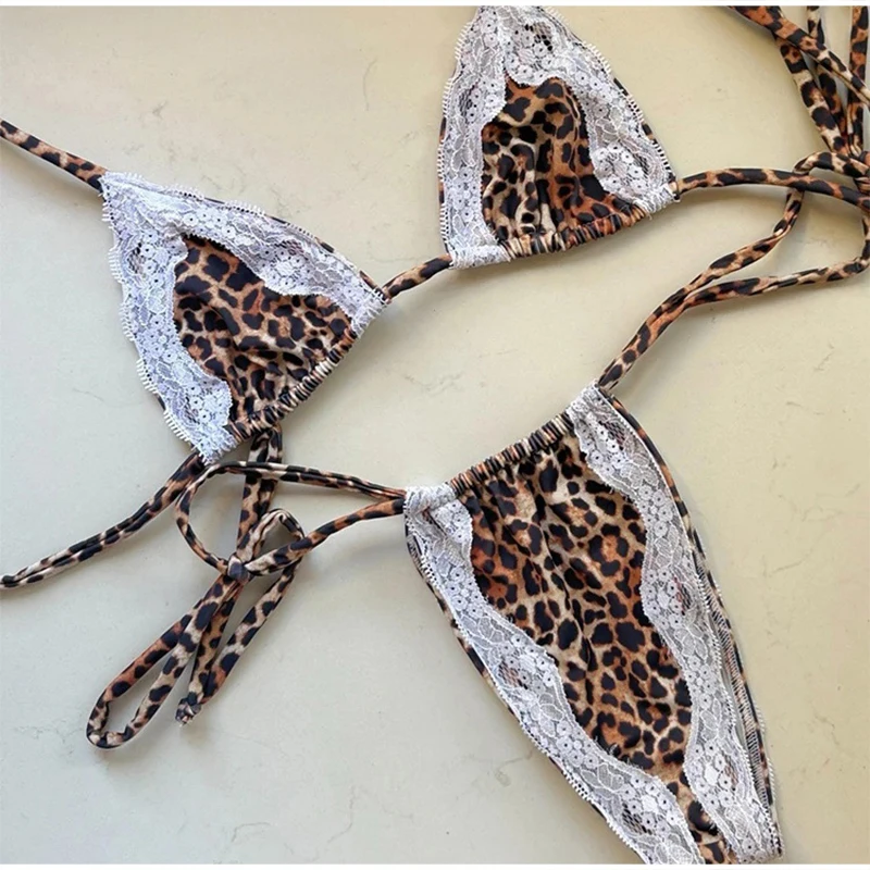 Lace Trim Swimsuit Bikini, Women Leopard Print Sexy High Leg Thong Swimwear Gather Bikinis Sets, 2 Piece Bathing Suit Beachwear