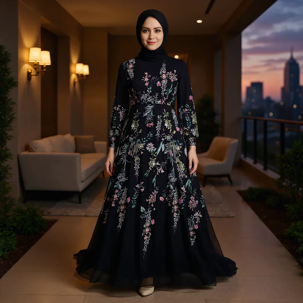 فساتين إسلامية متواضعة للنساء فستان حجاب مطبوع عليه زهور شيفون أسود عباية دبي ملابس إسلامية فاخرة رداء تركي طويل