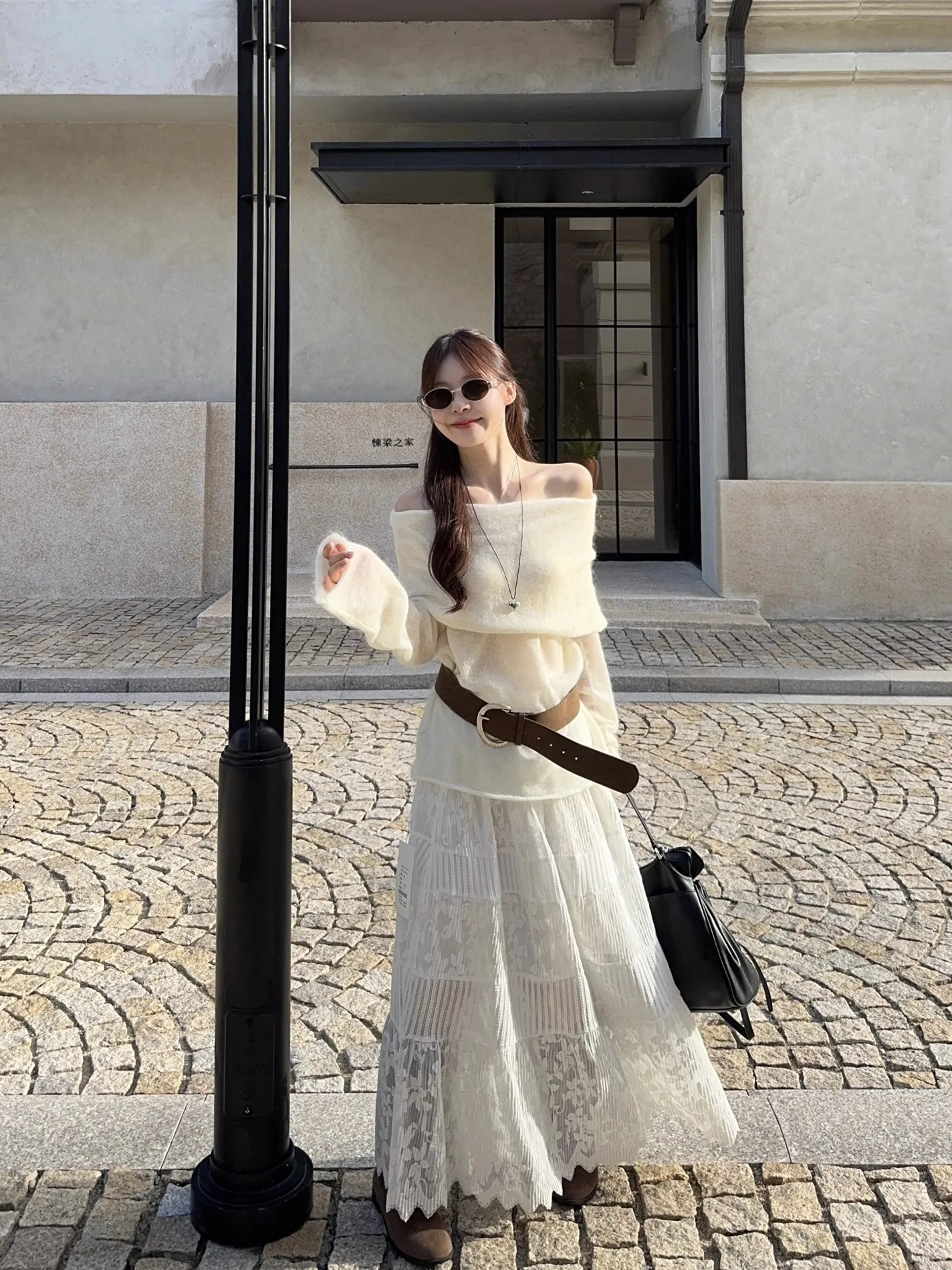 Retro Lace Halter Neck Long Sleeve Sweater And High Waist  Skirt Two Piece Set for Women Autumn Fashion Outfit Ensemble
